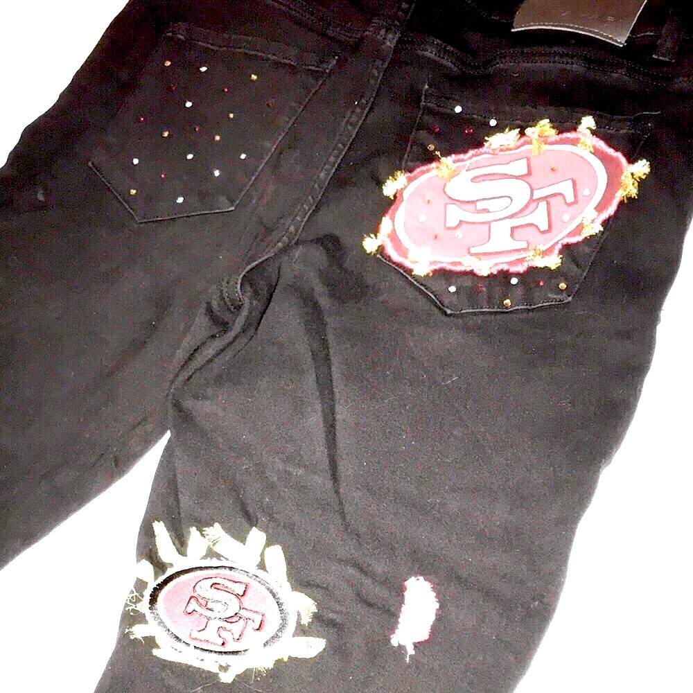 Women’s UPCYCLED HAND CRAFTED 49ers Themed Black Jeans TAHARI Sz 14P - Picture 15 of 15